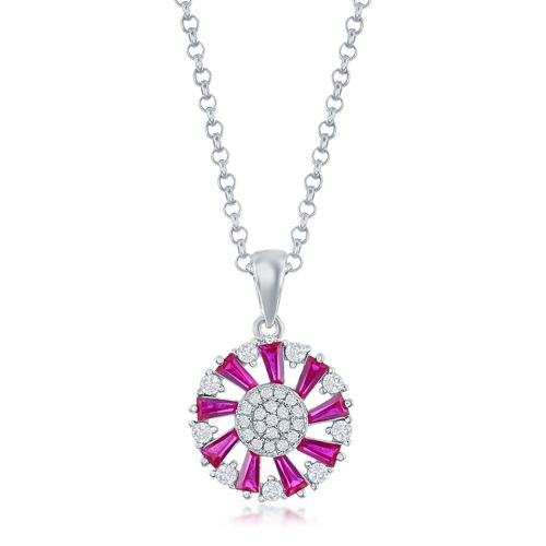 Ruby and Clear CZ Pinwheel Pendant - Sterling Silver